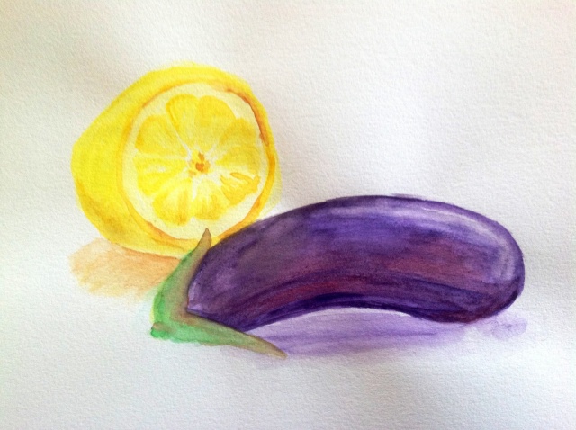 Watercolor lemon and eggplant